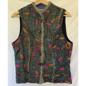 Vtg Art to Wear Vest Mixed Media Wooden Buttons Size 10 Frayed Silk BoHo Concert